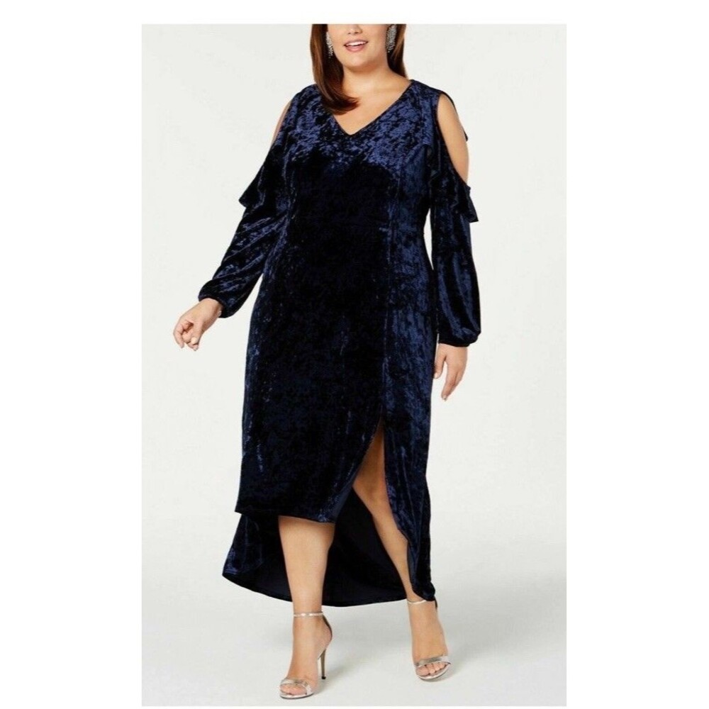 NY Collection Blue Crushed Velvet Cold Shoulder Maxi Dress Plus Size 3X